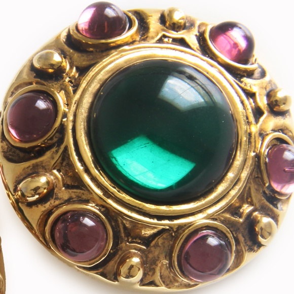 Denaive Paris Large Emerald Green Glass Cabochon Clip Style Earrings 1980s - Picture 5 of 11